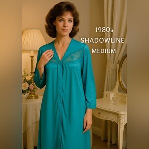 Vintage Shadowline Teal Nylon Robe | Lace Trim | 3/4 Sleeves | Medium | 1980s